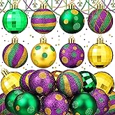 Syhood 24 Pcs Mardi Gras Ball Ornaments for Tree 2 Inch Glitter Mardi Gras Hanging Decorations Shatterproof New Orleans Purple Green Gold Stripes Polka for New Orleans Masquerade Party(Colorful)