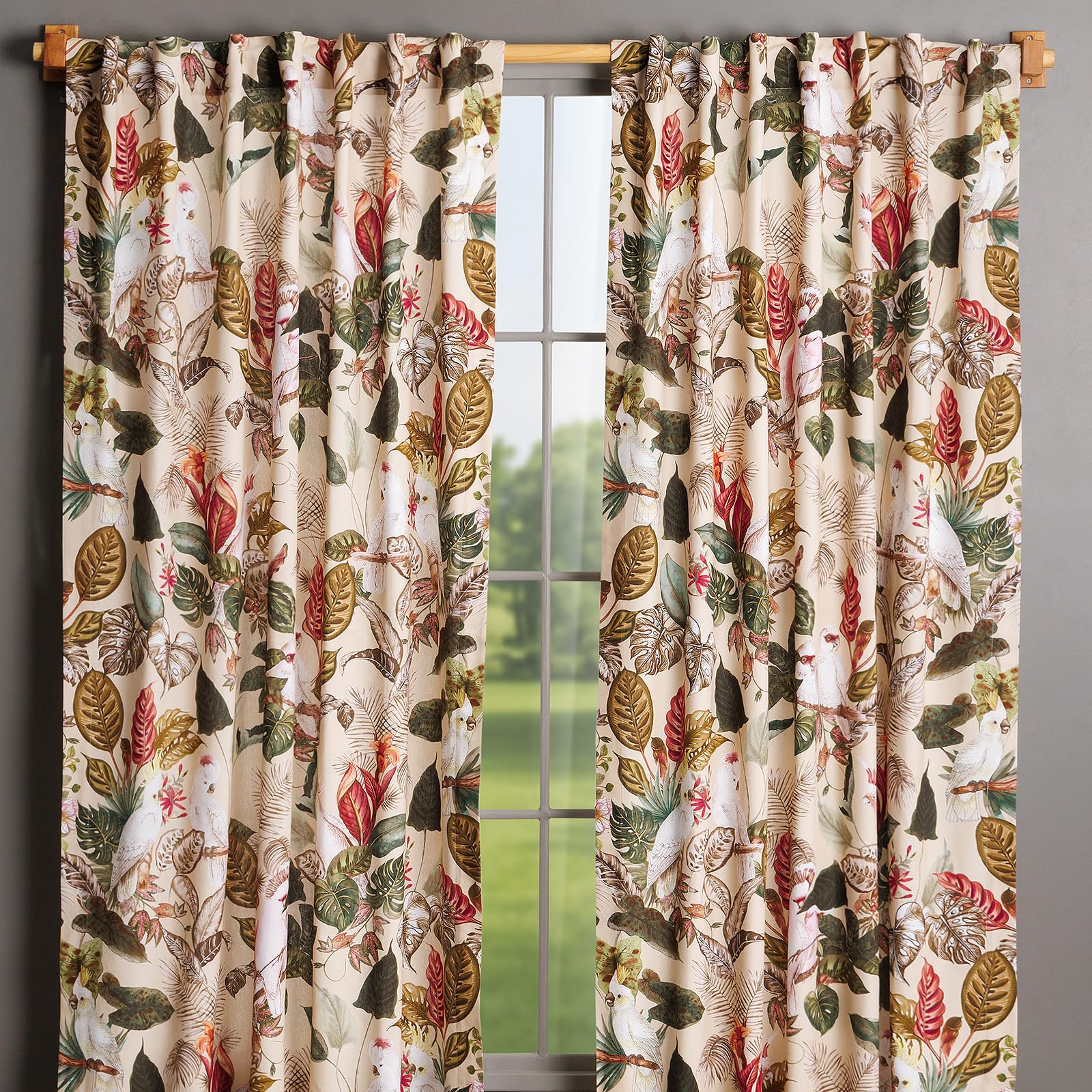 Maison d' Hermine Curtains for Living Room 100% Cotton 108 inch Length Two Panel Light Filtering Curtains for Windows with Rod and Loop Pockets Easter Decorations (Cacatoes - Beige, 50" W x 108" L)