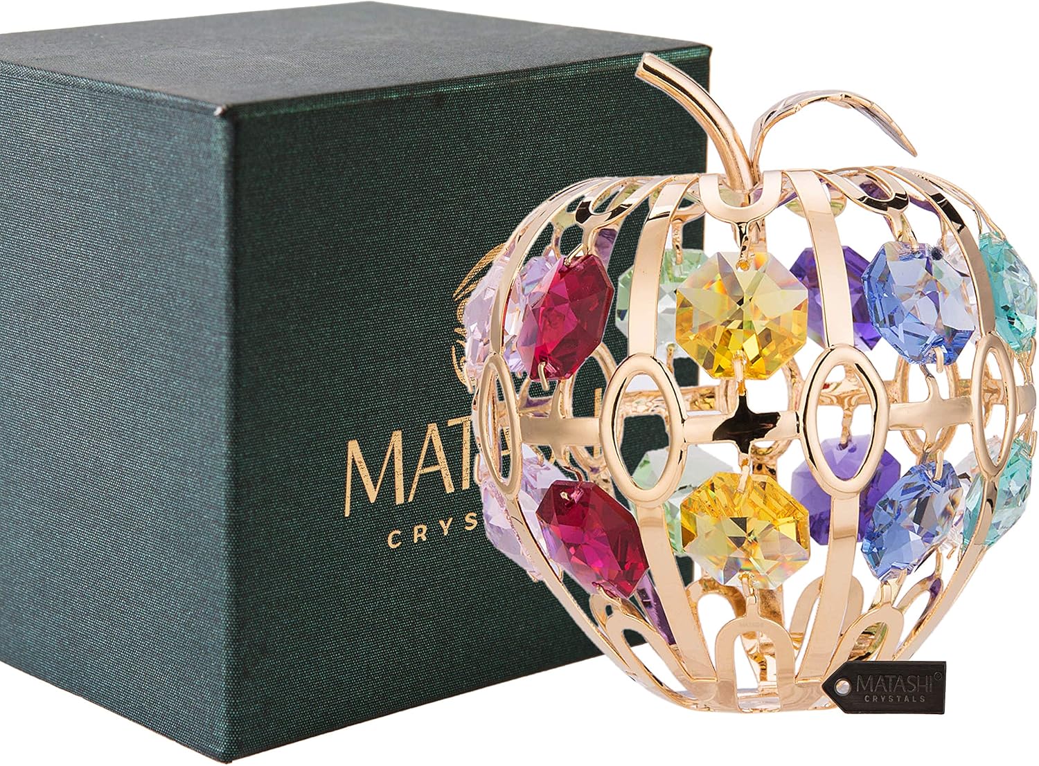 Matashi 24K Gold Plated 2.75 inch Apple Ornament with Colored Crystals Tabletop Showpiece for Living Room Gift for Christmas Birthday Anniversary Office Home Decor
