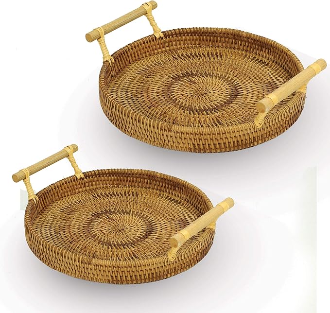 Rattan Serving Trays - Set of 2 | Circular Coffee Table Tray | Bread