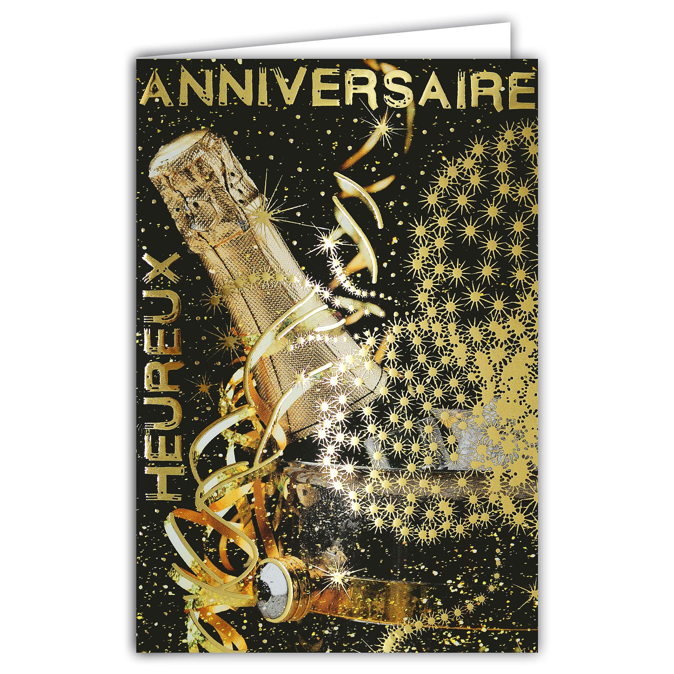 Afie 69-7086 Happy Birthday Card Champagne Bottle White Wine Sparkling Bucket Firework Stars Gold Made in France