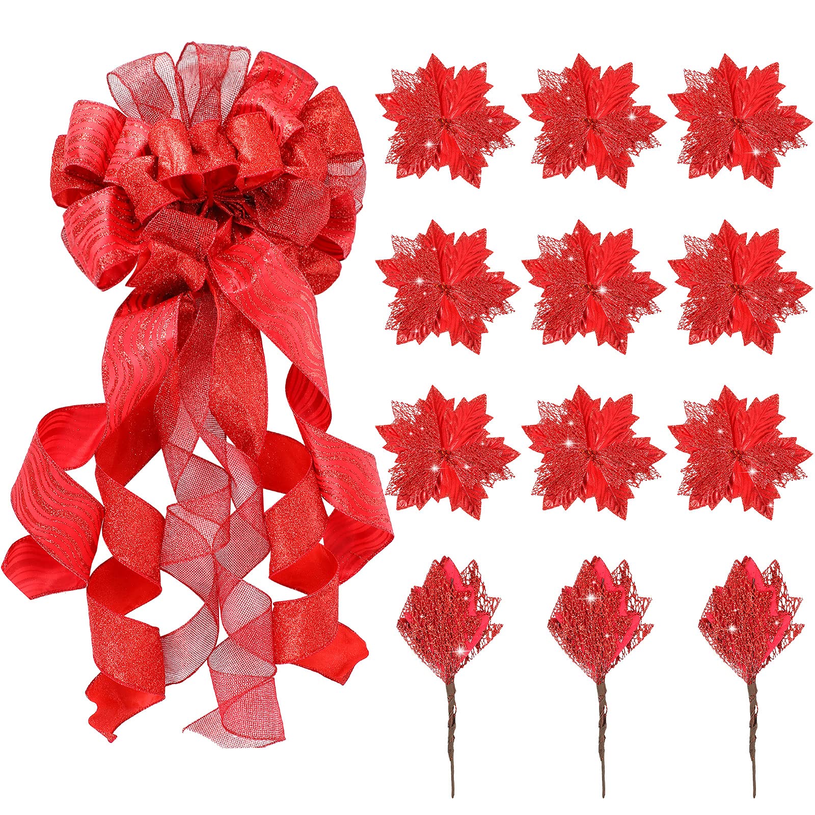 Syhood Christmas Tree Topper Decorations Large Christmas Bows Tree Ornaments and Christmas Tree Flowers for Christmas Holiday Party Decorative (Red Pure Style,12 x 34 Inch)