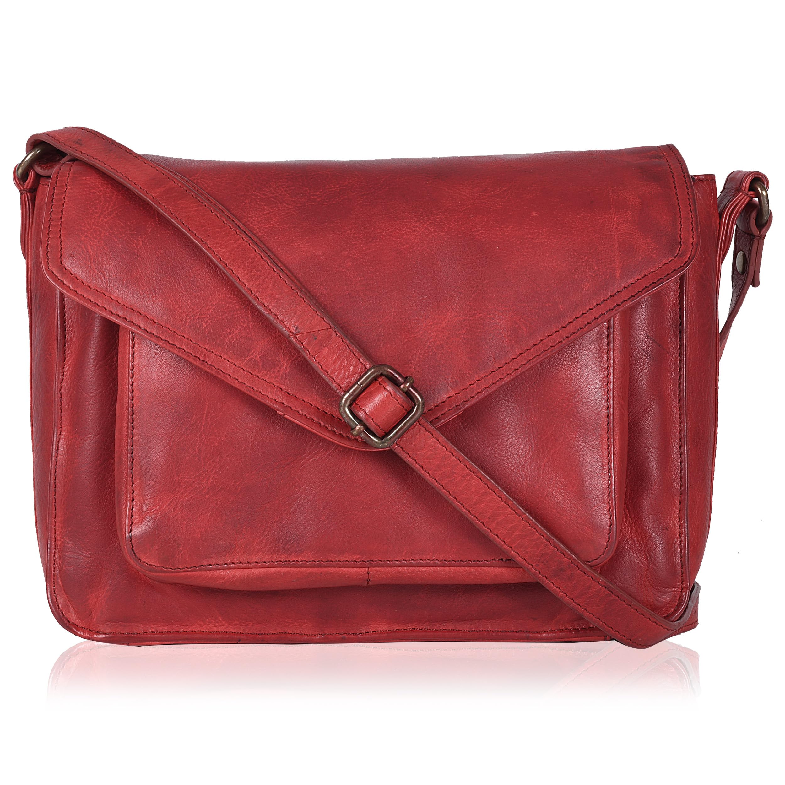 Photo 1 of **MINOR DAMAGE - USED**
Leather Flapover Crossbody Handbag Purse for Women with Adjustable Strap & Overflap Snap Closure Tote/Bag (Red Wash)