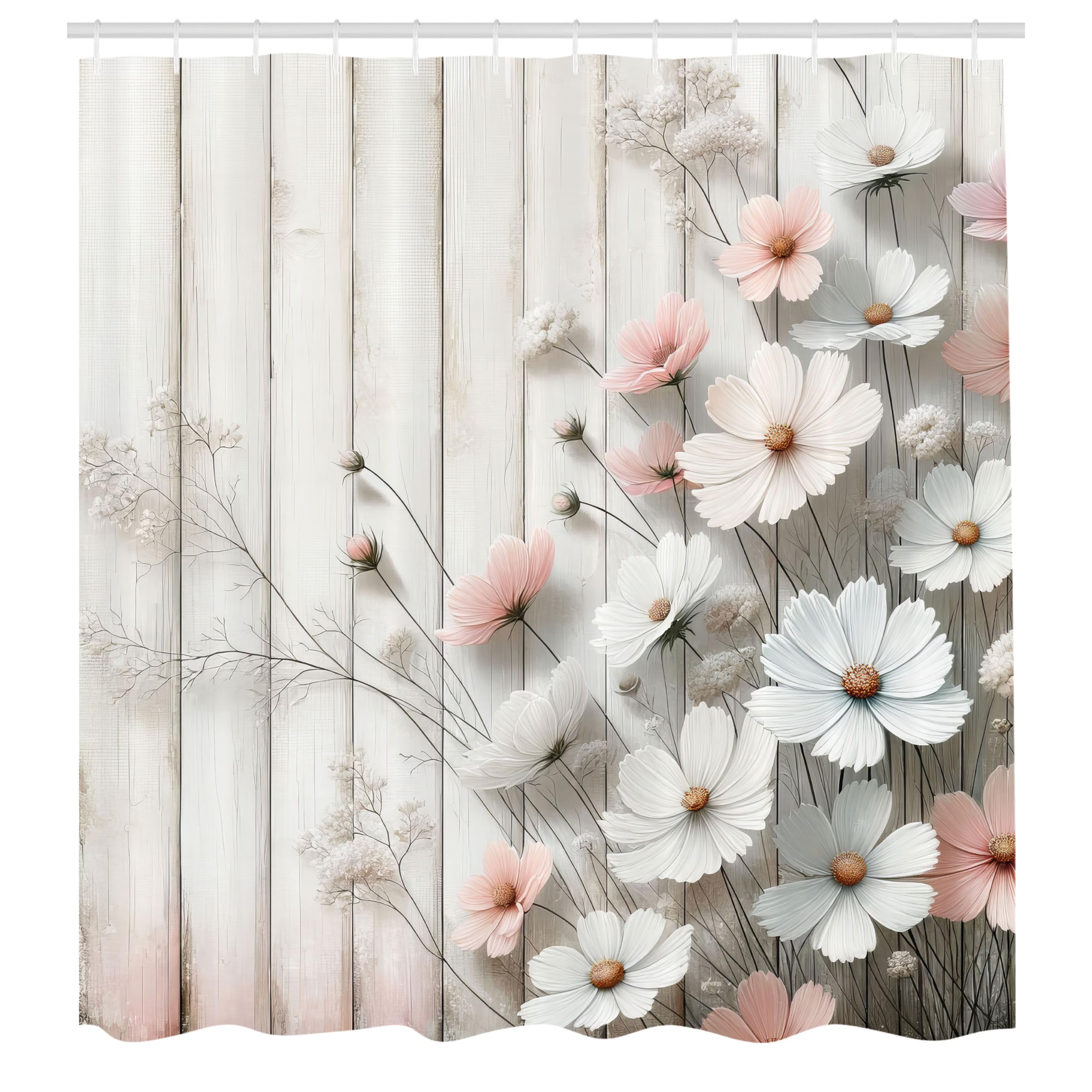 ABAKUHAUS Pink Shower Curtain, Modern Farmhouse Tender Floral, Cloth Fabric Bathroom Decor Set with Hooks, 175 x 200 cm, Dark Sepia Pearl