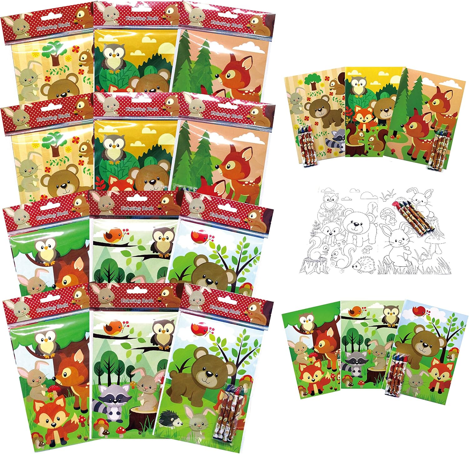 TINYMILLS Woodland Animals Coloring Book for Kids Party Favor Set with 12 Coloring Books and 48 Crayons Cute Forest Creatures Birthday Party Supplies Woodland Creatures Party Favor Bag Fillers: Toys & Games