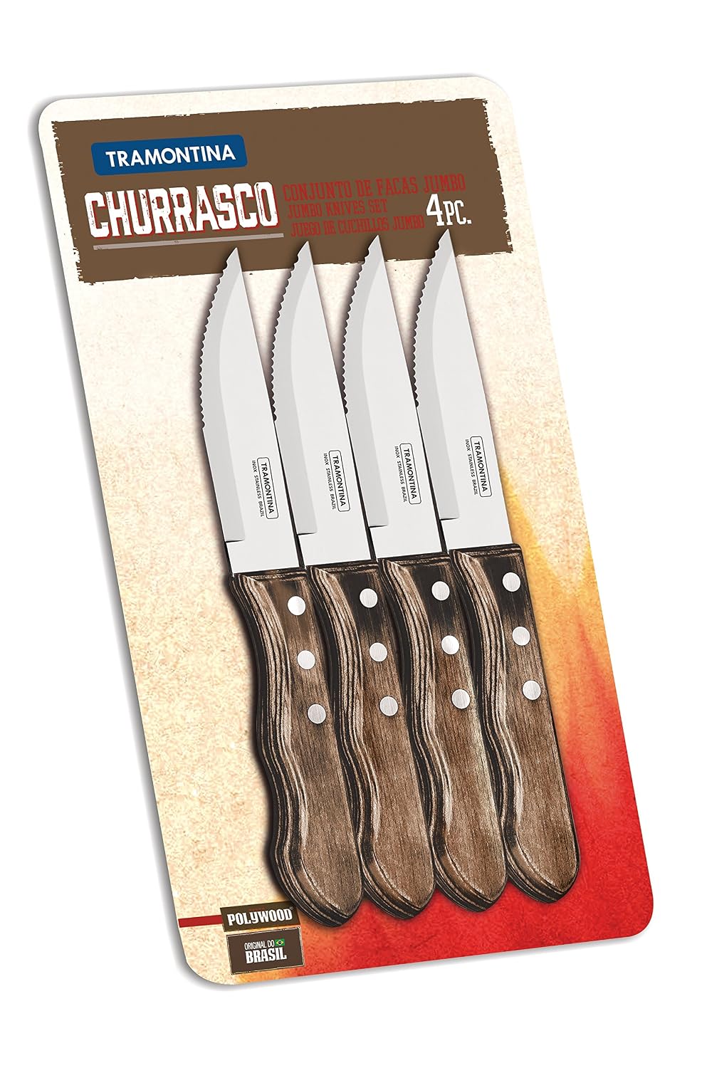 Tramontina 5” Jumbo Steak Knives, Sharp Knife with Wooden Handle, Camping, Kitchen, Rustic, Dishwasher Safe (4 Pcs Knife Set)