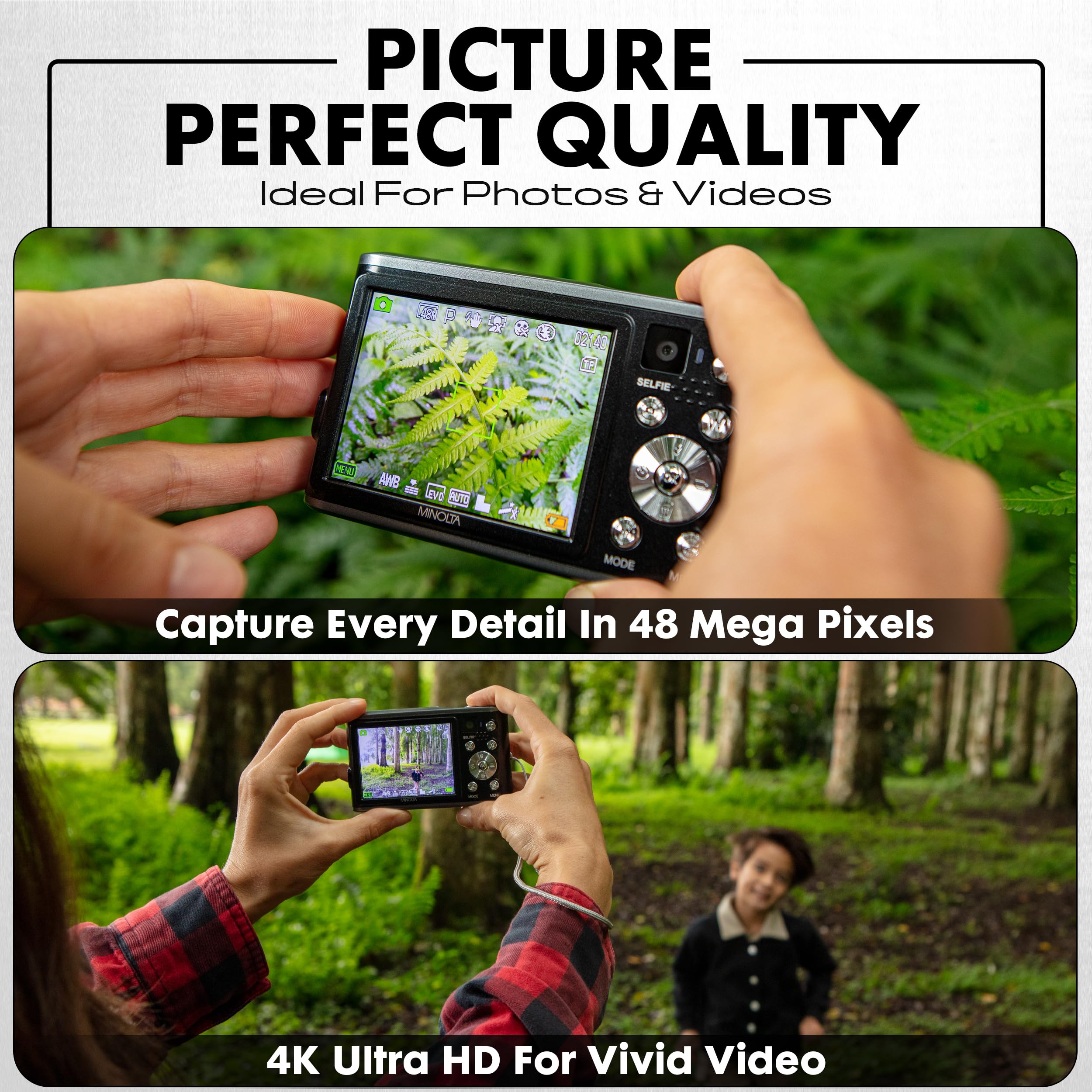 Minolta 48MP Digital Camera with Rear Selfie Lens – 4K Ultra HD Video, 2.8