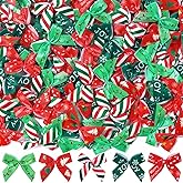 JOICEE 150 Pcs Christmas Mini Bows for Crafts, Tiny Twist Tie Bows Handmade Craft Ribbon Gift Bow with Box Stickers for DIY Sewing Gift Decorations Christmas Tree Wreath Door Garland Party Decor