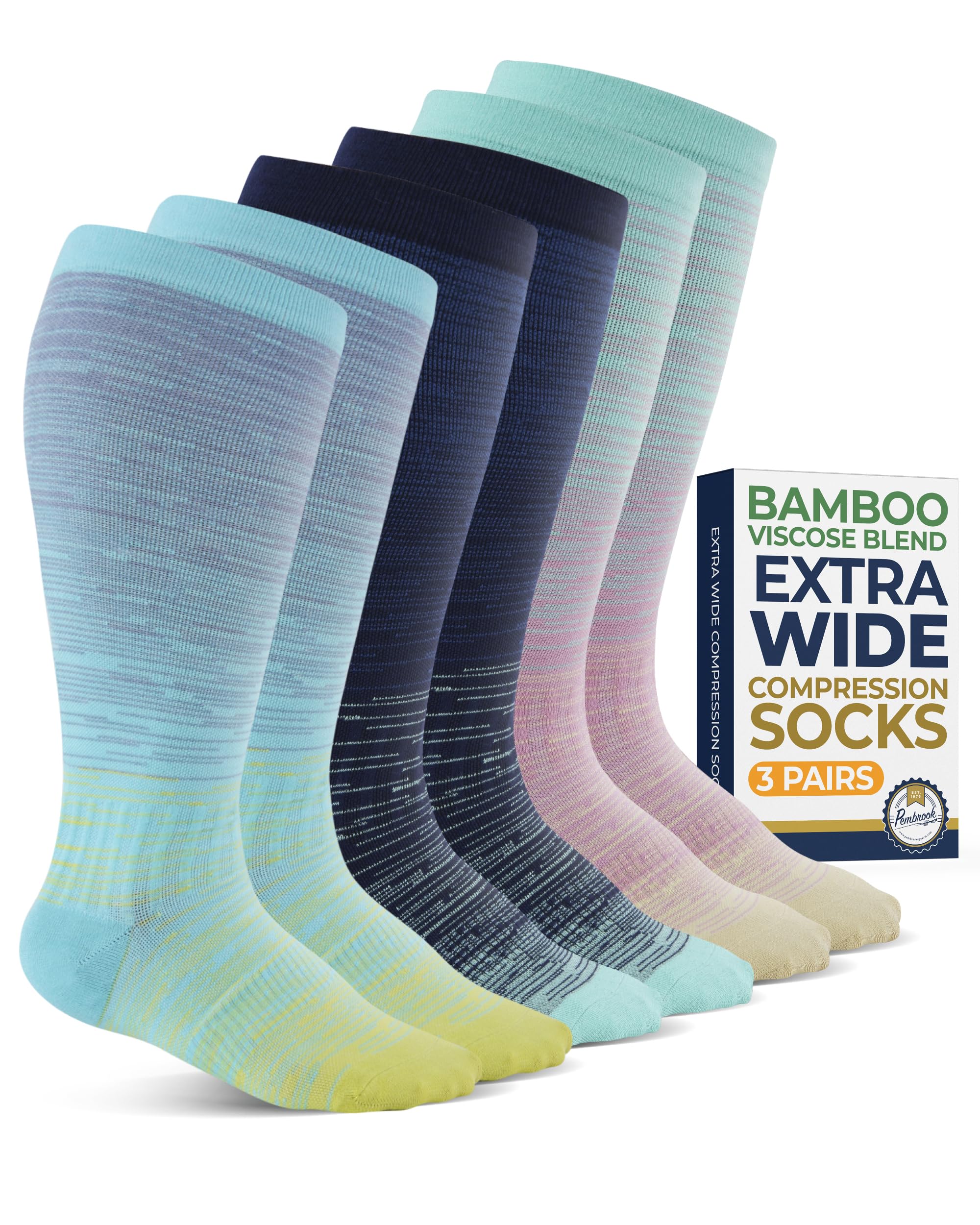 Photo 1 of Pembrook 3 Pairs Plus Size Compression Socks Wide Calf - 15-20 mmHg Bamboo Viscose Compression Socks Men Wide Calf, Plus Size, Knee High, Line Patterns