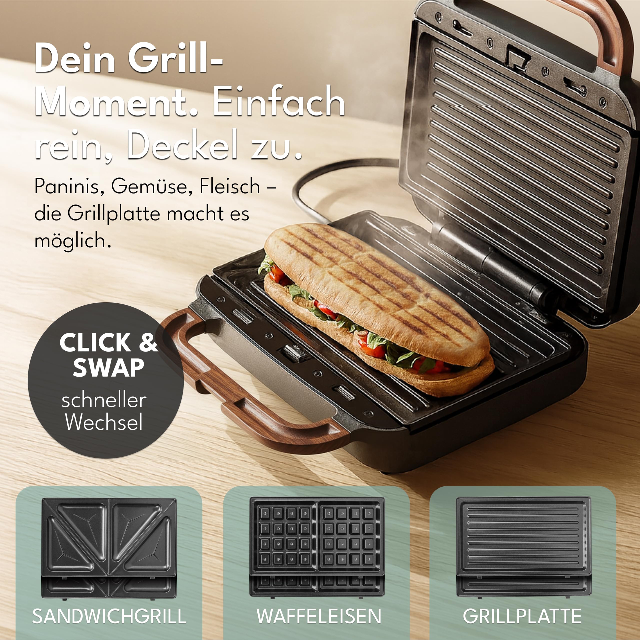 LEBENLANG Sandwichmaker 3 in 1-850W Inkl. 3 Einsätze für Grill, Sandwich & Waffeln I Waffel Sandwich Maker 3in1 Waffeleisen mit wechselplatten Sandwichmaker Waffeleisen Toaster Waffeln Kombigerät 4