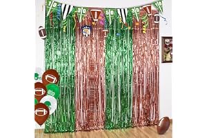 LOLStar 3 Pack Football Party Decorations, 3.3x6.6ft Green Brown Foil Fringe Curtains Metallic Tinsel Football Photobooth Props Backdrop for Super Ball Sunday Football Party Streamers Decors Supplies