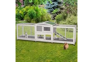 Esright 94.5'' Rabbit Hutch with 8 Wheels, Bunny Cage Two Run Rabbit Cage Outdoor Wooden Bunny Hutch Small Animal House with Removable Tray & Anti-Slip Ramp