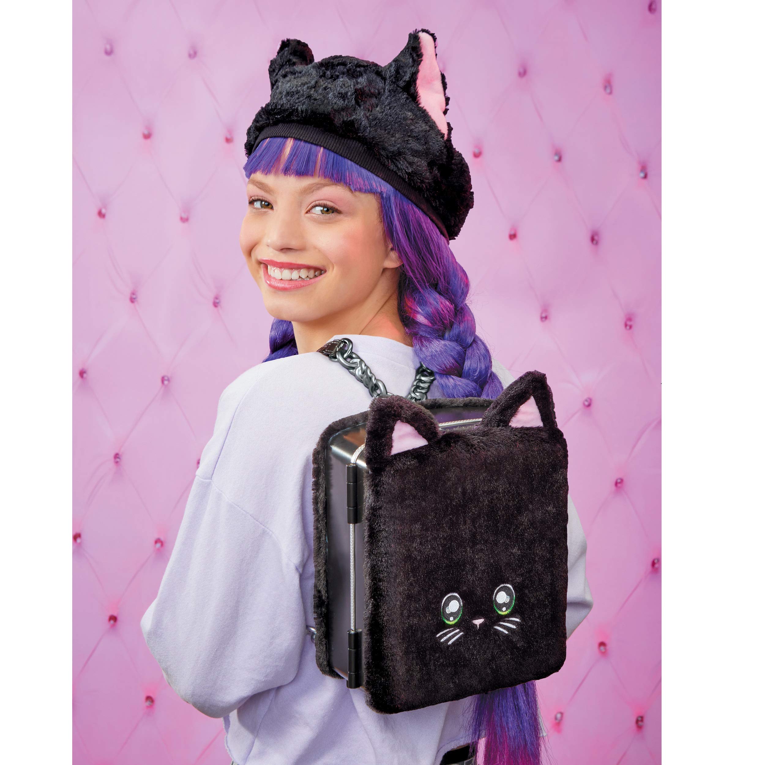 Na Na Na Surprise 3-in-1 Backpack Bedroom Playset with Fashion Doll Tuesday Meow in Exclusive Outfit | Black Fuzzy Kitty Bag, Real Mirror, Closet with Drawer, Pillows, Blanket | Kids Ages 5+