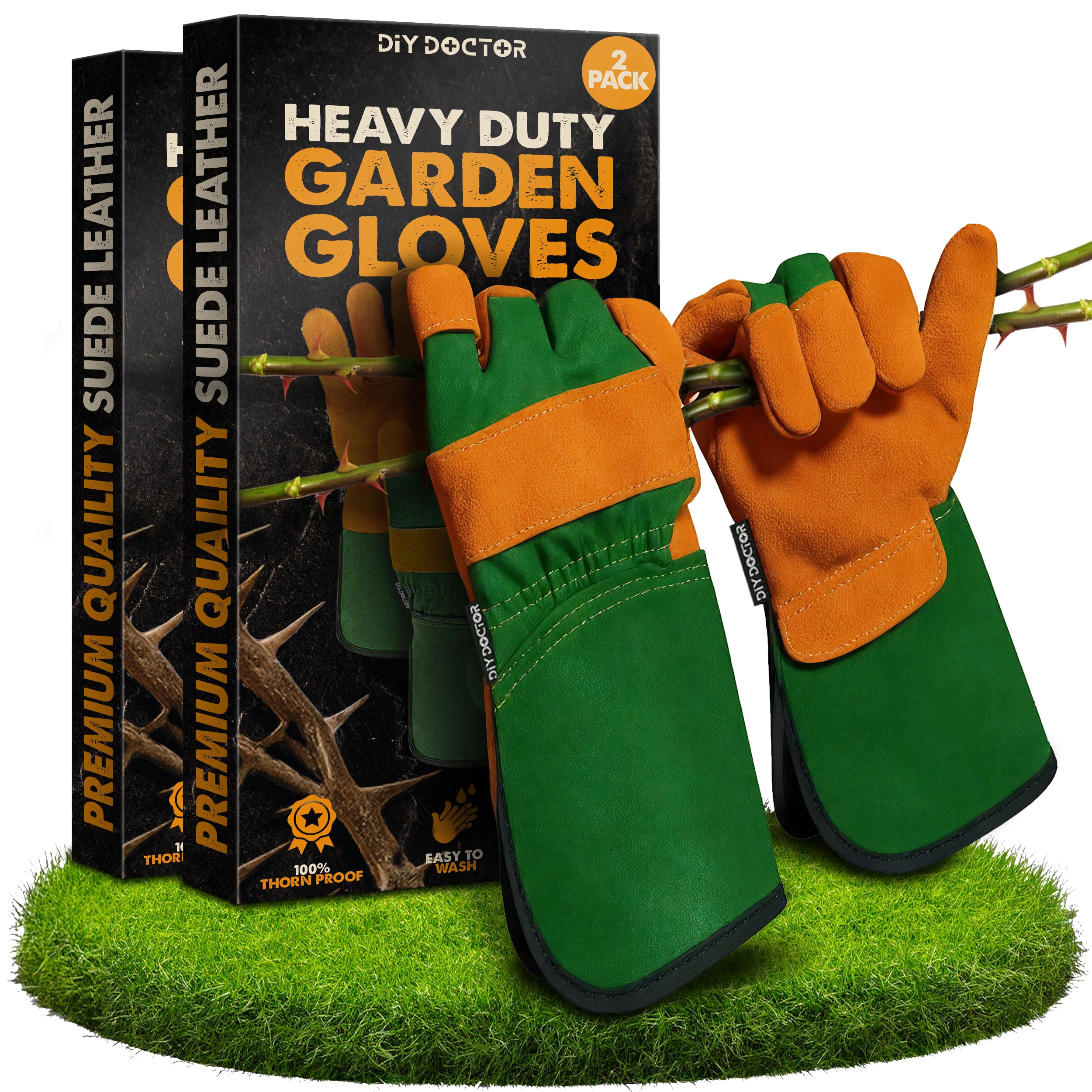 DIY Doctor - 2 Pack Pair Unisex Leather Heavy Duty Gardening Gloves for Men and Women - Leather Work Gloves - Large Warm Thorn Proof Garden Gloves for Men and Ladies - One Size Fits All