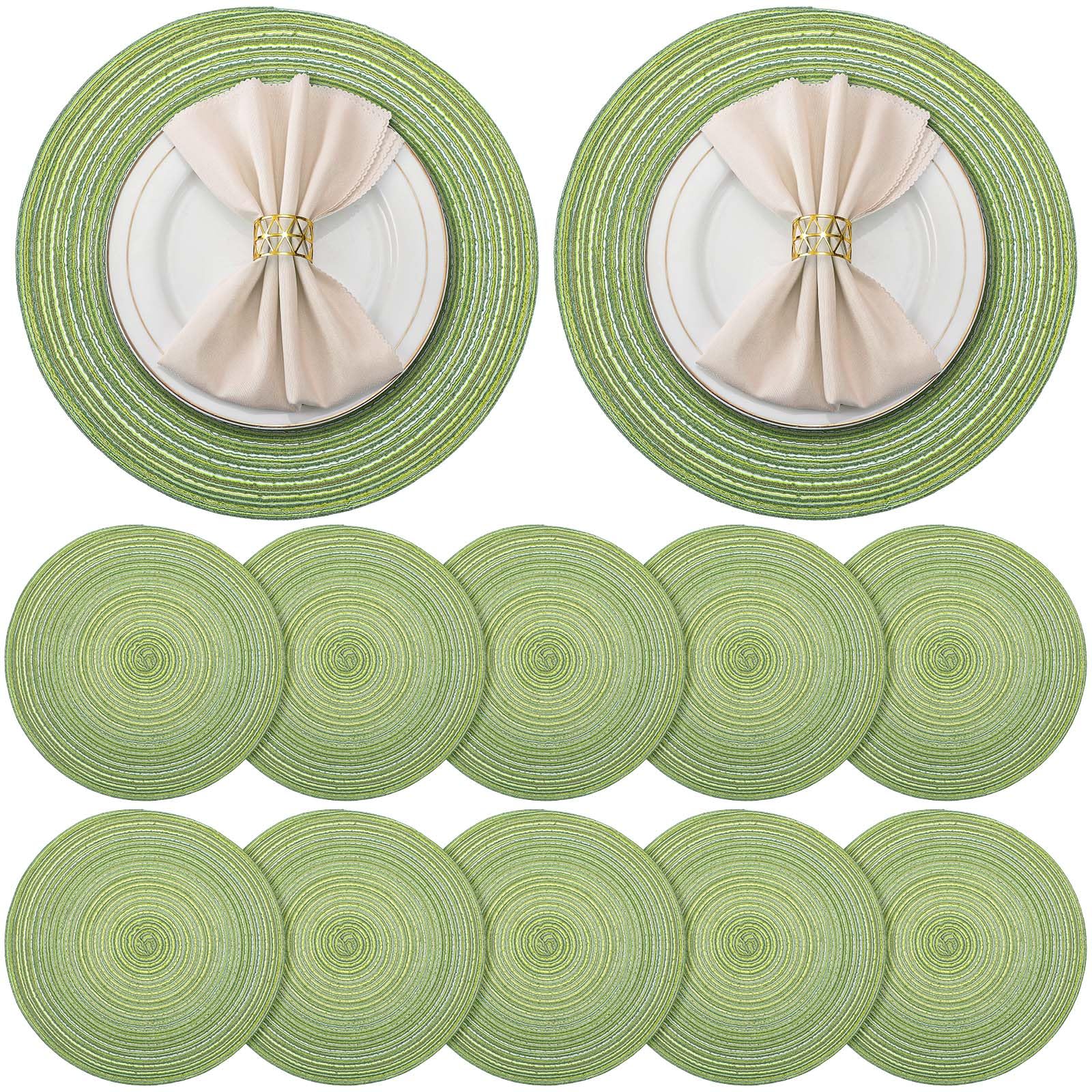 Photo 1 of Mindsoft 12 Pcs Round Placemats 14.2 Inch Woven Braided Placemats Washable Reversible Circle Polyester Table Mats for Dinner Holiday Spring Party Wedding Table Centerpiece (Sage Green)