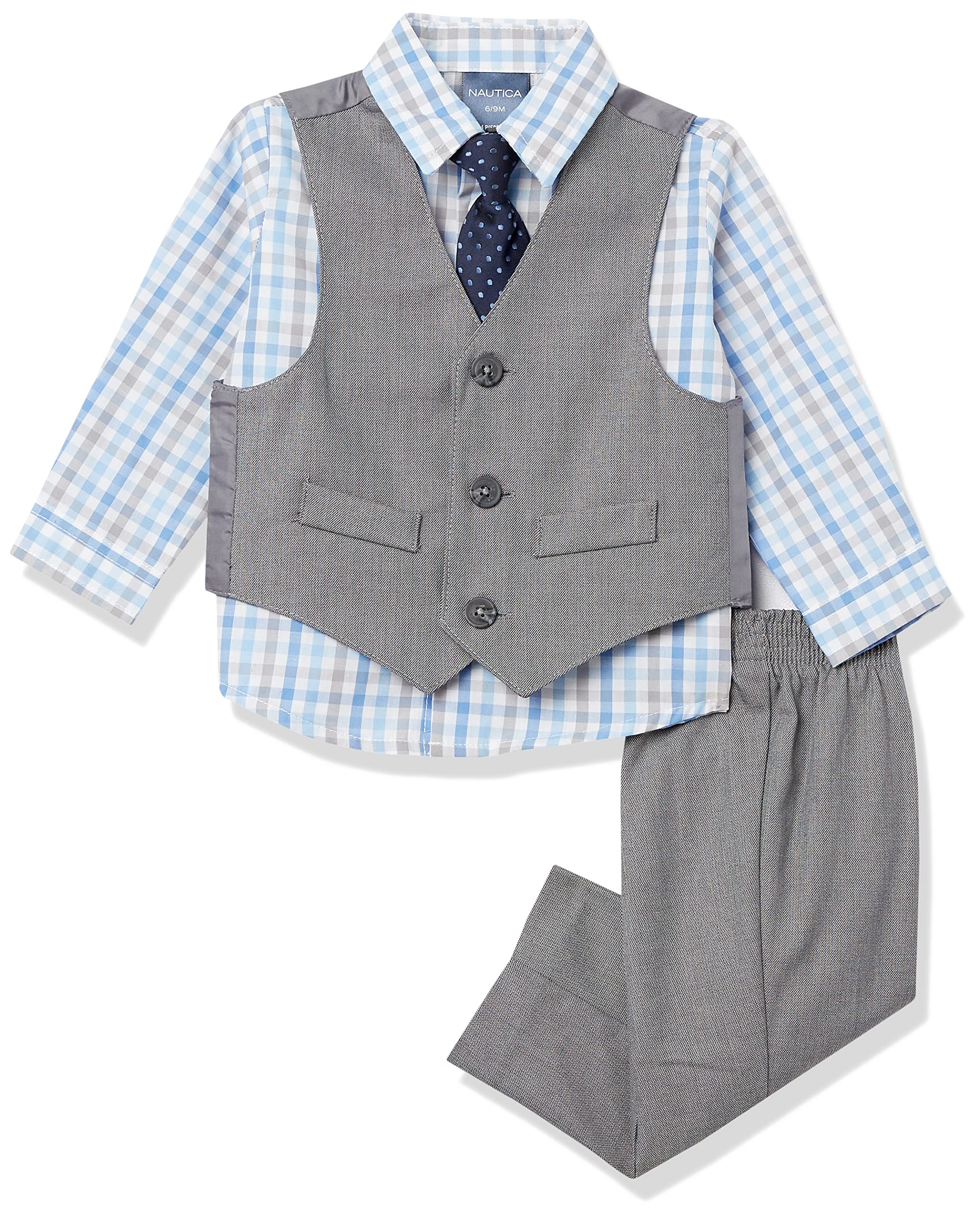 Photo 1 of Nautica Baby Boys 4-Piece Vest Set with Dress Shirt, Vest, Pants, and Tie Suit, Light Grey/Blue Check, 12 Months US