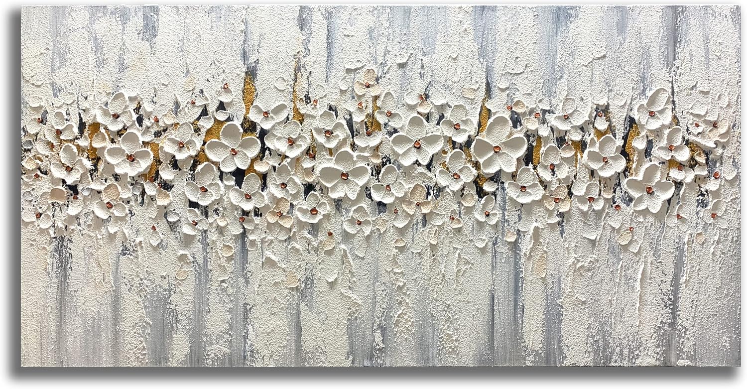 Paintings - Yika Art Paintings - 24X48 Inch 3D White Flowers Paintings Modern Abstract Textured Knife Platte Oil Painting Hand Painted On Canvas Abstract Artwork Picture Wall Decoration for living room