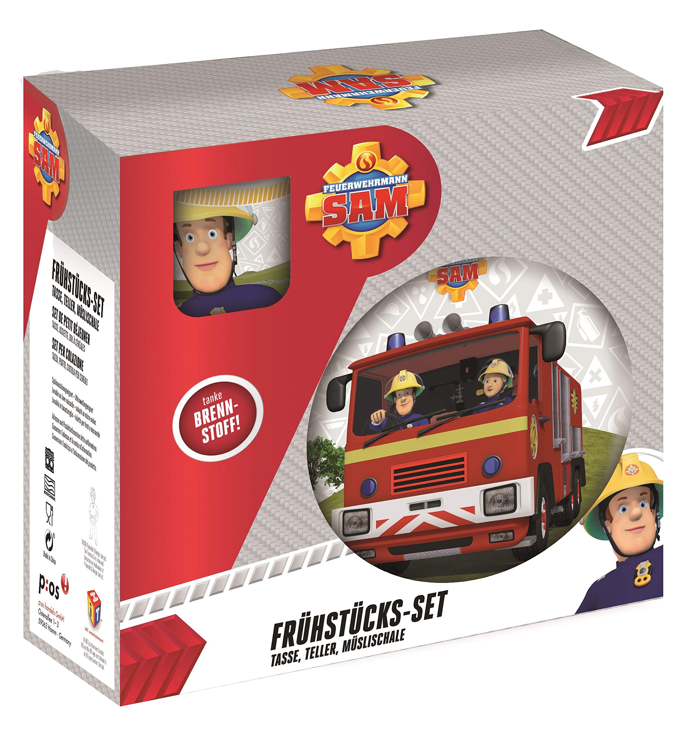 P:OS Handels POS 27123 Breakfast Set with Fireman Sam Motif, 3-Piece Crockery Set for Children, Made of Ceramic, Consisting of Plate, Bowl and Cup, Dishwasher Safe