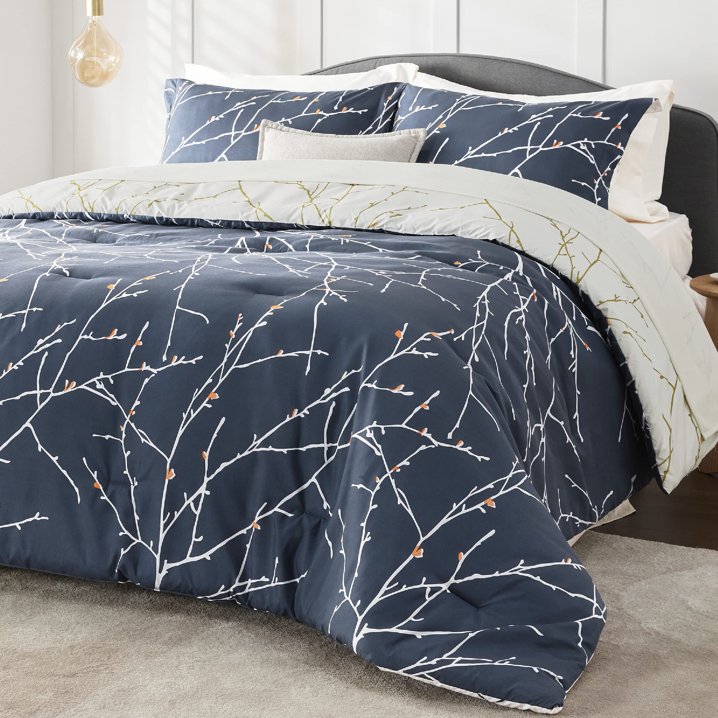 Bedsure Full Comforter Sets - 7 Pieces Floral Navy Blue Bed Set, Tree Branch Pattern Printed Bed in a Bag Full with Comforter, Sheets, Pillowcases & Shams Image