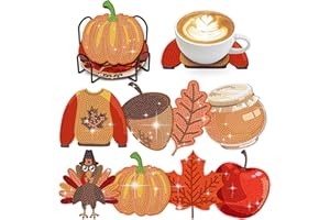 CLOTHMILE 8 PCS Fall Diamond Art Coasters Thanksgiving Diamond Art Coasters Kits with Holder Pumpkin Maple Leaf DIY Coasters Rustic Coasters for Beginners, Adults, Kids, Diamond Art Crafts Supplies
