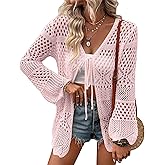 Women's Crochet Cardigan Light Weight Long Sleeve Tie Front Hollow Out Thin Cardigan