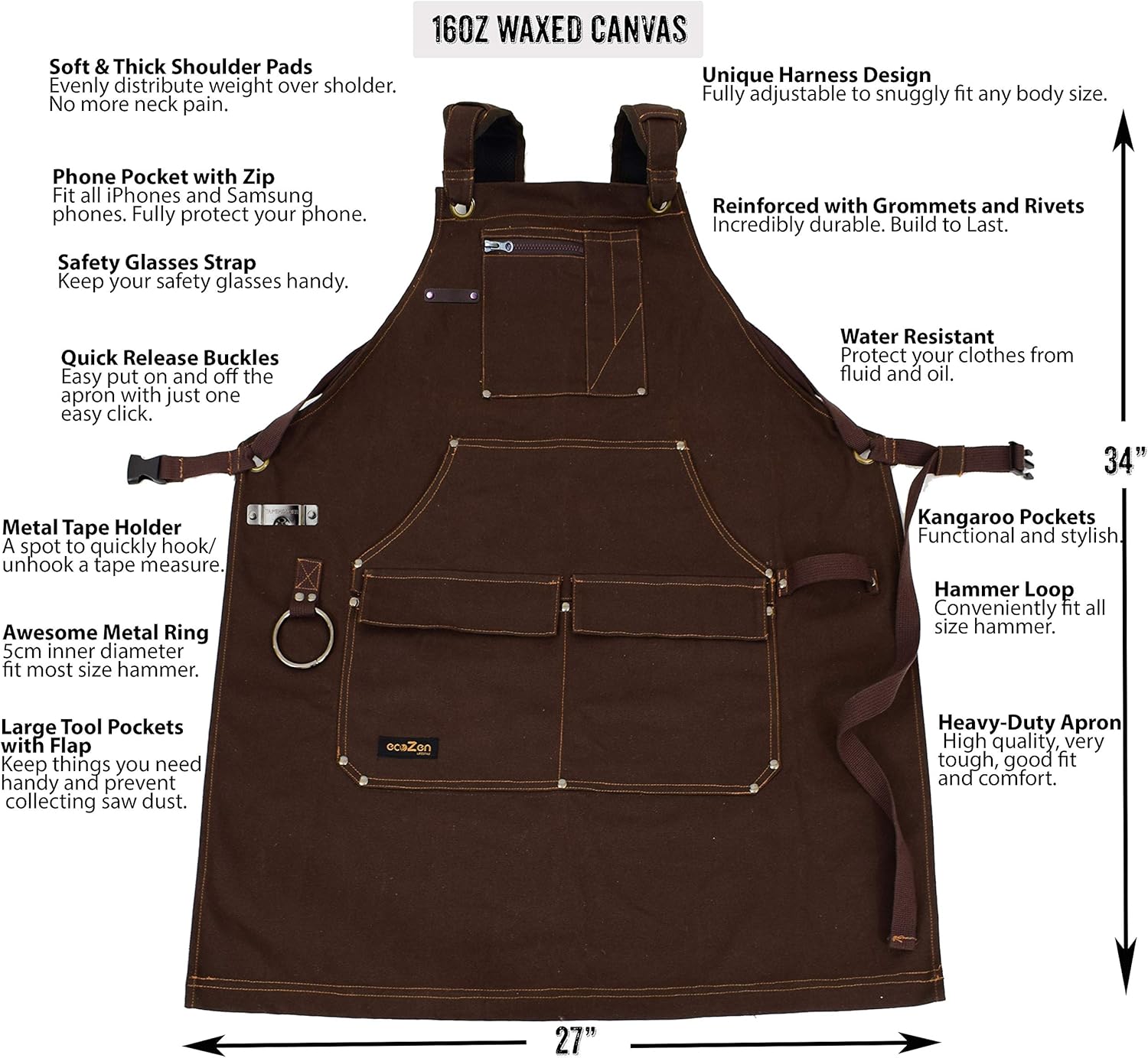 Woodworking Shop Apron - 16 oz Waxed Canvas Work Aprons | Metal Tape holder, Fully Adjustable to Comfortably Fit Men and Women Size S to XXL | Tough Tool Apron to Give Protection and Last a Lifetime - - 