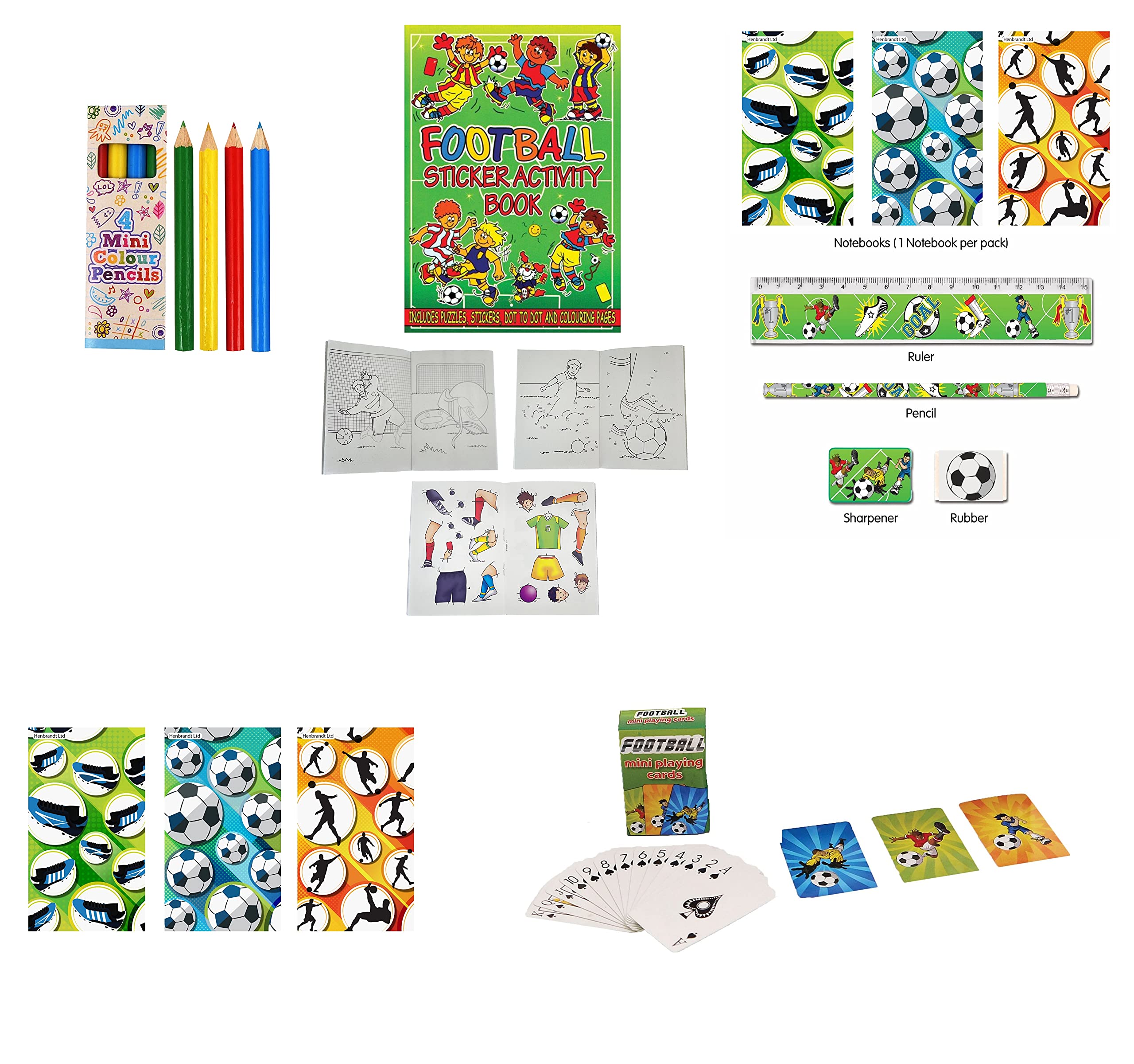Anila's Complete Football Themed 10 Party Bags, Fillers & Favours – Mini Colouring Pencils, Colouring Puzzle Books, Notebooks, Stationery & Playing Cards. (Ideal for Children Aged 3-8)
