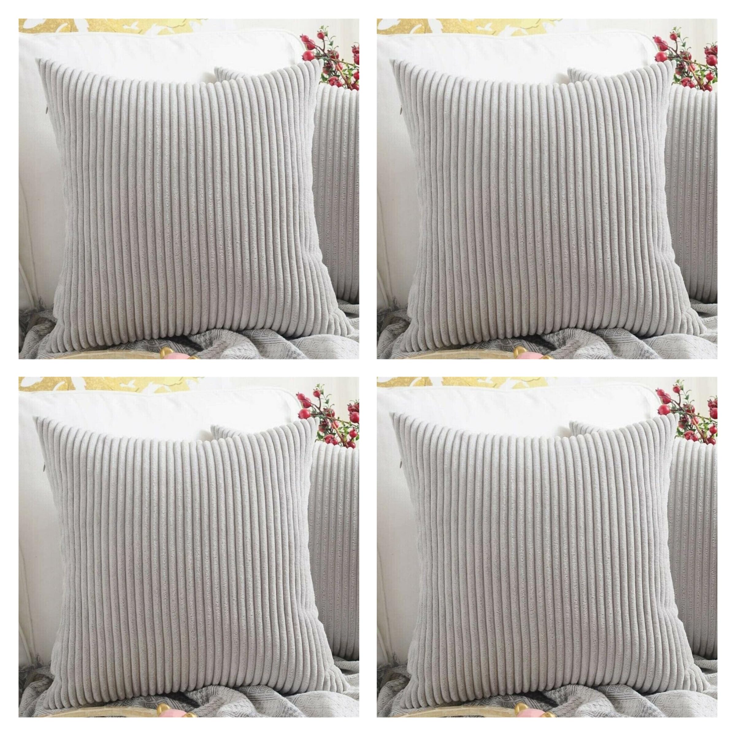 Seechoo Corduroy Cushion Covers 18x18 inch – Set of 4 Grey Pillow Covers for Sofa & Bedroom – Soft Textured Cord Striped Throw Cushion Covers with Invisible Zip – Durable & Machine Washable