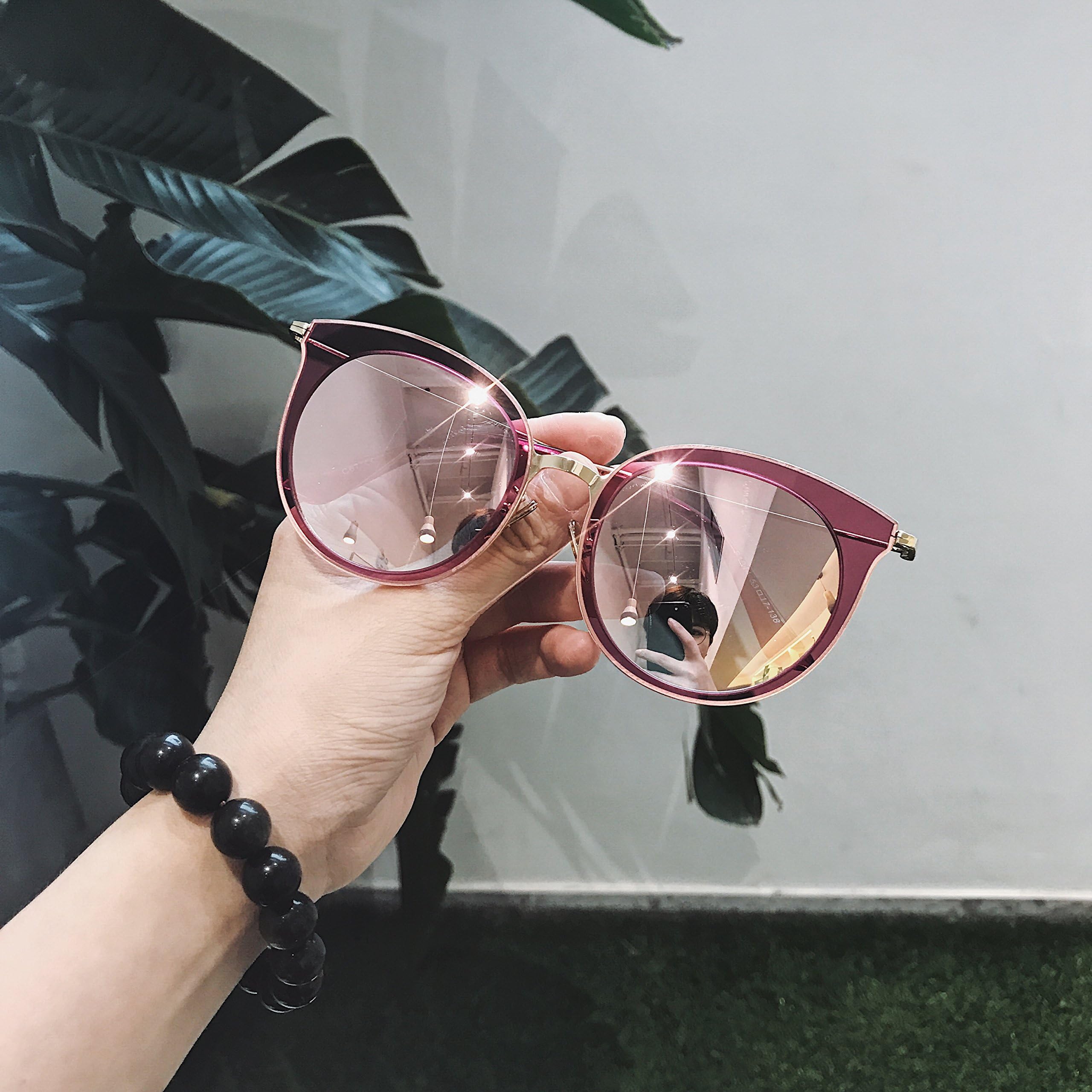 VVIIYJ Sunglasses Female Metal Wild Glasses Round Face Reflective Film Drive Sunglasses