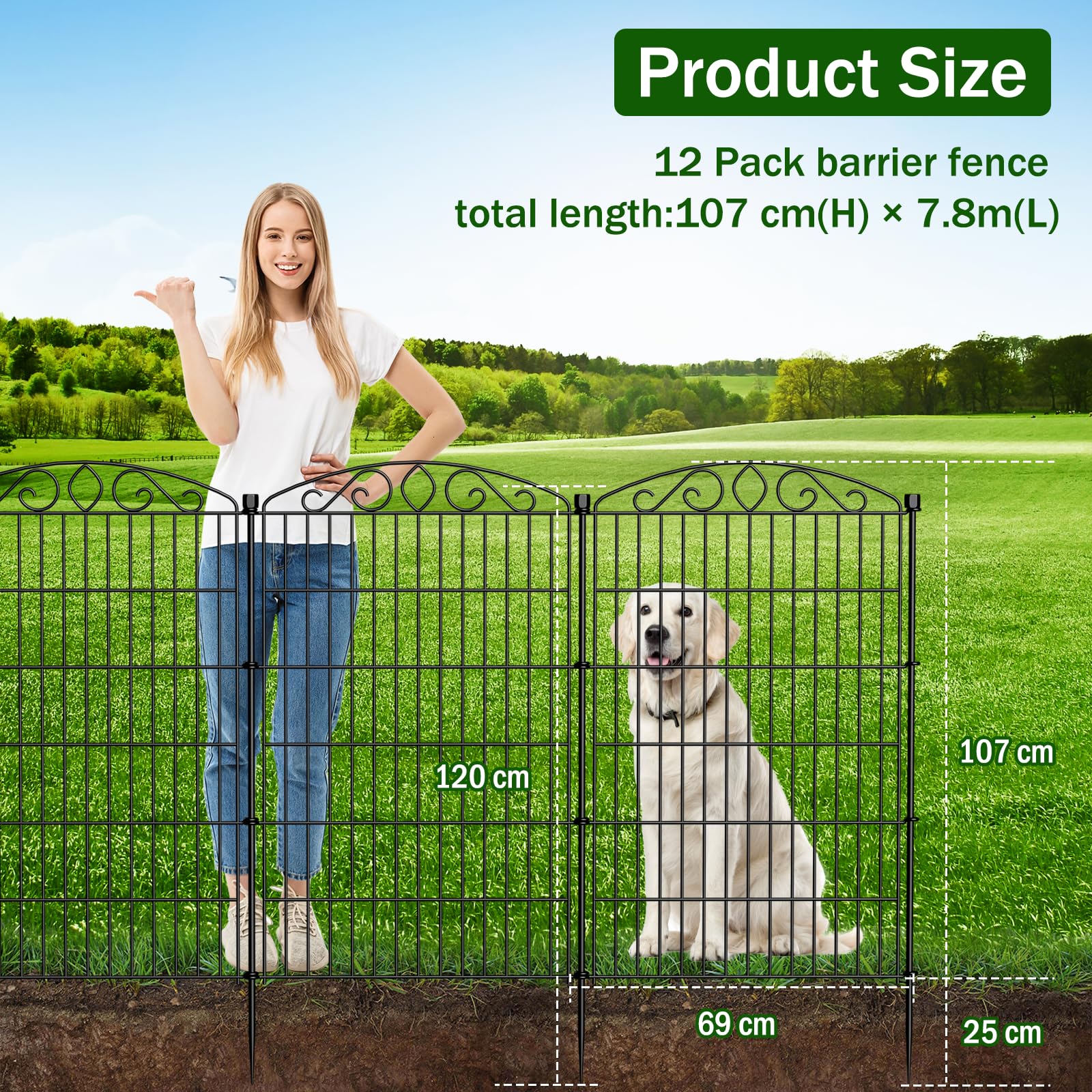 12-teiliger dekorativer Gartenzaun ohne Graben mit Tür – 107 cm hoch / 8.1 m lang. Hoher Metall Tierbarriere für Hunde & Kaninchen, rostfrei Metall-Schutzzaun für Blumenbeet, Hof, Terrasse 2