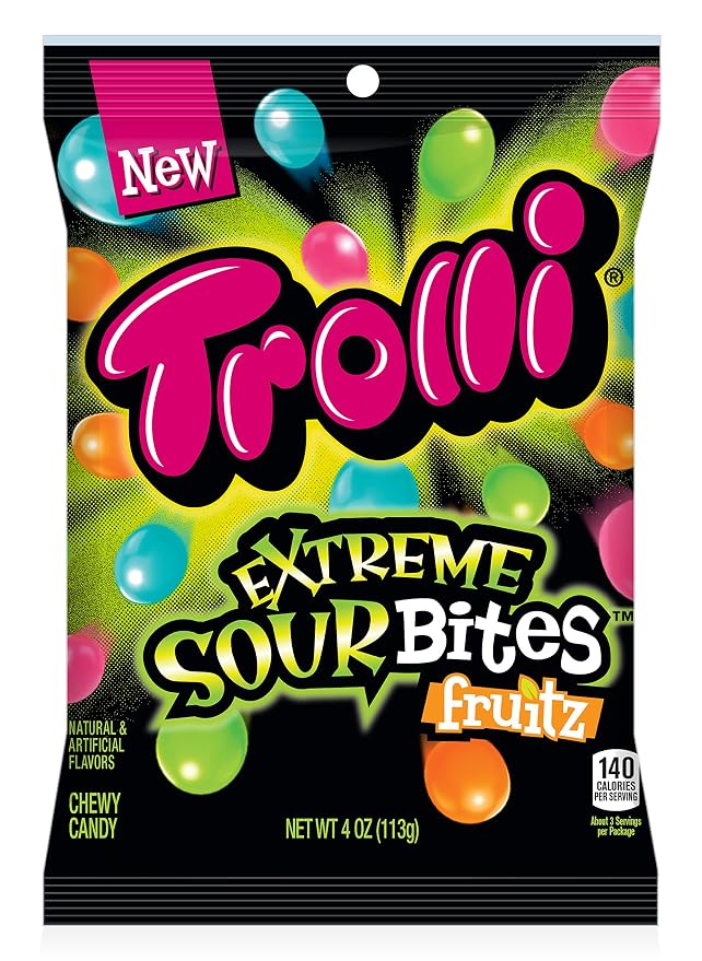 Trolli Extreme sour fruitz bites, chewy candy, sour Blue Raspberry, sour Green Apple, sour watermelon, sour citrus (041420100956)