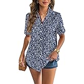 Zeagoo Women Linen Button Down Shirt Rolled Cuffed Short Sleeve Blouse Ladies Summer Casual V Neck Beach Cotton Tops