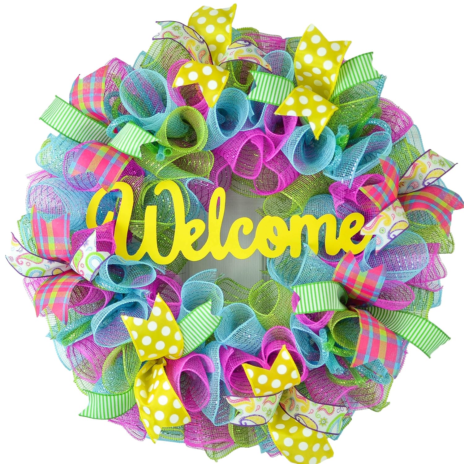 Amazon.com: Summer Spring Welcome Door Wreath; Pink, Turquoise, Yellow ...