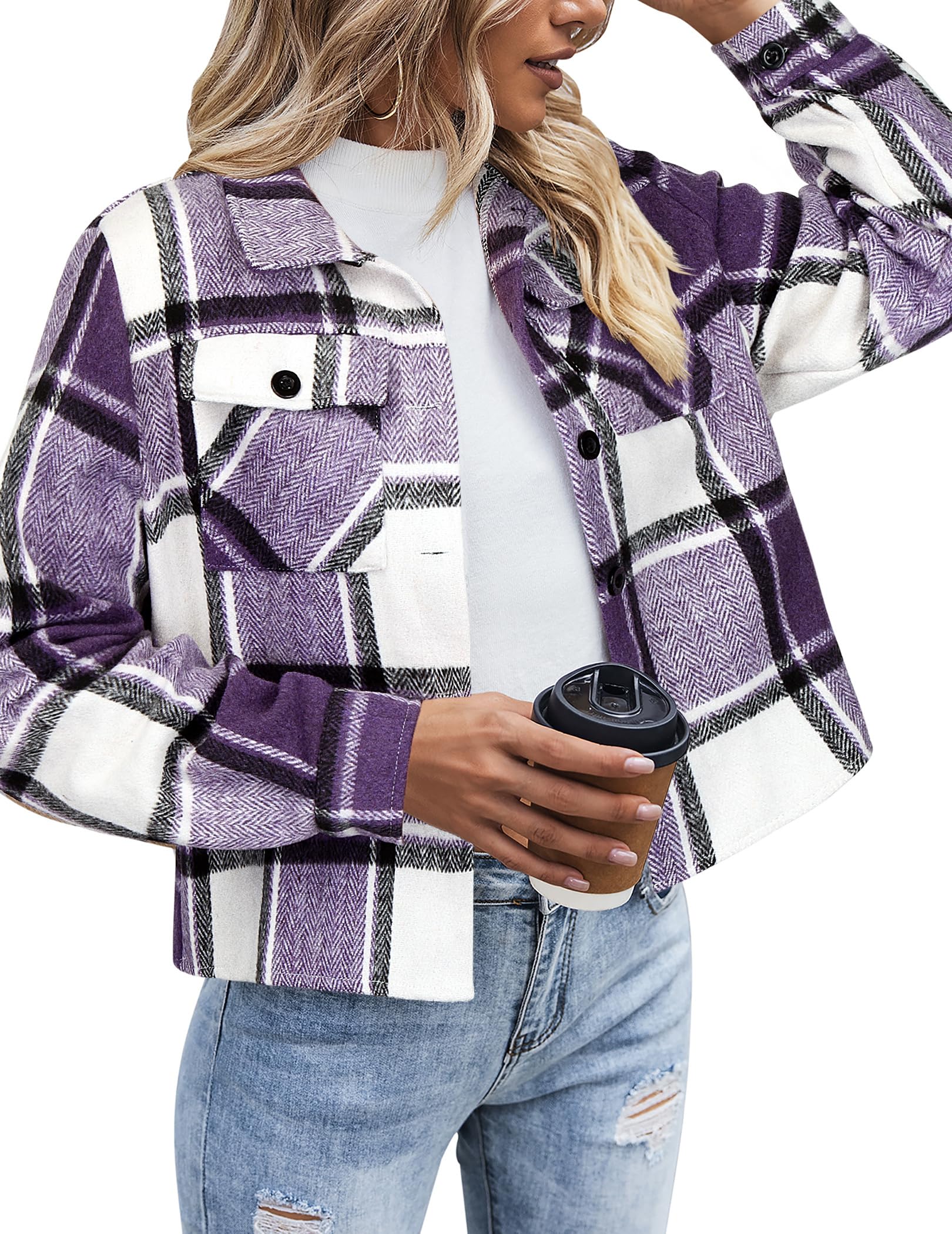 Zeagoo Flannels for Women Cropped Shacket Jacket Fashion Plaid Button Down Shirt 2026 Fall Coat Tops Image