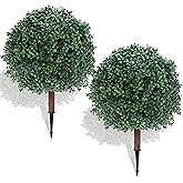 27.5" Artificial Boxwood Topiary Ball Tree with Ground Spike, Set of 2 Artificial Cedar Bushes, UV Resistant Faux Boxwoods Outdoor Plants Artificial for Porch Garden Front Porch Decor