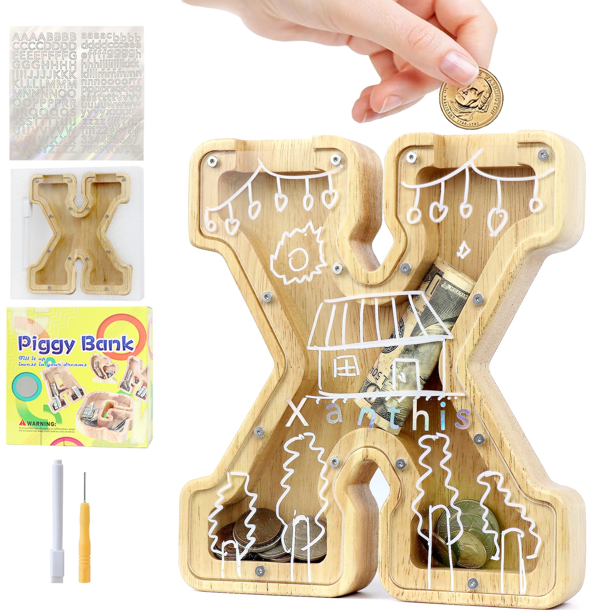 Mikytoper Money Box for Kids, Wooden Letter Piggy Banks for Kids, Personalized Money Box Clear Money Bank, Boys Girls Toddler Birthday Festival Gift (X)