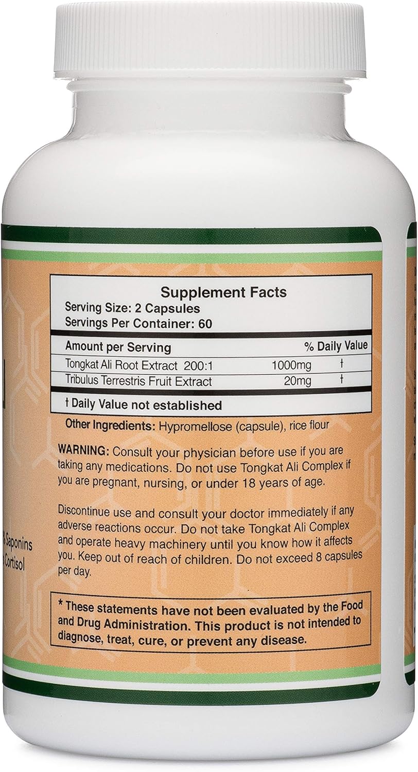 Tongkat Ali Extract 200 to 1 (Longjack) Eurycoma Longifolia, 1000mg per Serving, 120 Capsules - Natural Testosterone Supplement and Libido Booster, with 20mg Tribulus Terrestris by Double Wood: Health & Personal Care