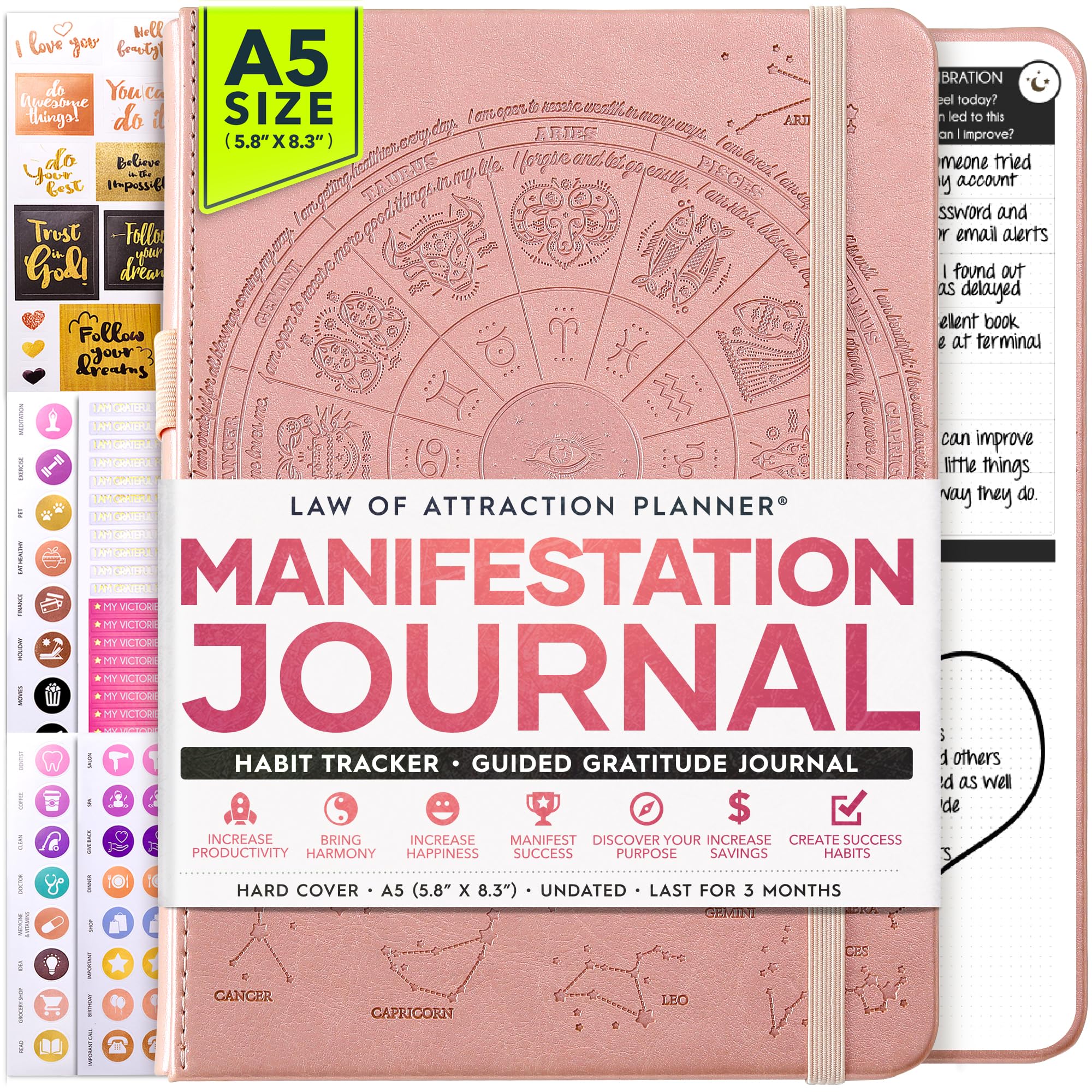 Photo 1 of Manifestation Journal - 5 Minute Manifesting & Self Care Journal | 90-Day Undated Daily Planner for Positivity, Affirmations & Gratitude | Guided Mindfulness, Reflection | Vision Board + Stickers