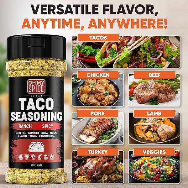 TACO SEASONING MIX SPICY RANCH SEASONING POWDER – GLUTEN FREE & LOW SODIUM HOT MEXICAN SEASONINGS BLEND FOR TACO TUESDAY NIGHT. HOT RANCH POWDER FOR FAJITA & BURRITO. STREET TACOS SPICES TOPPING. 5OZ