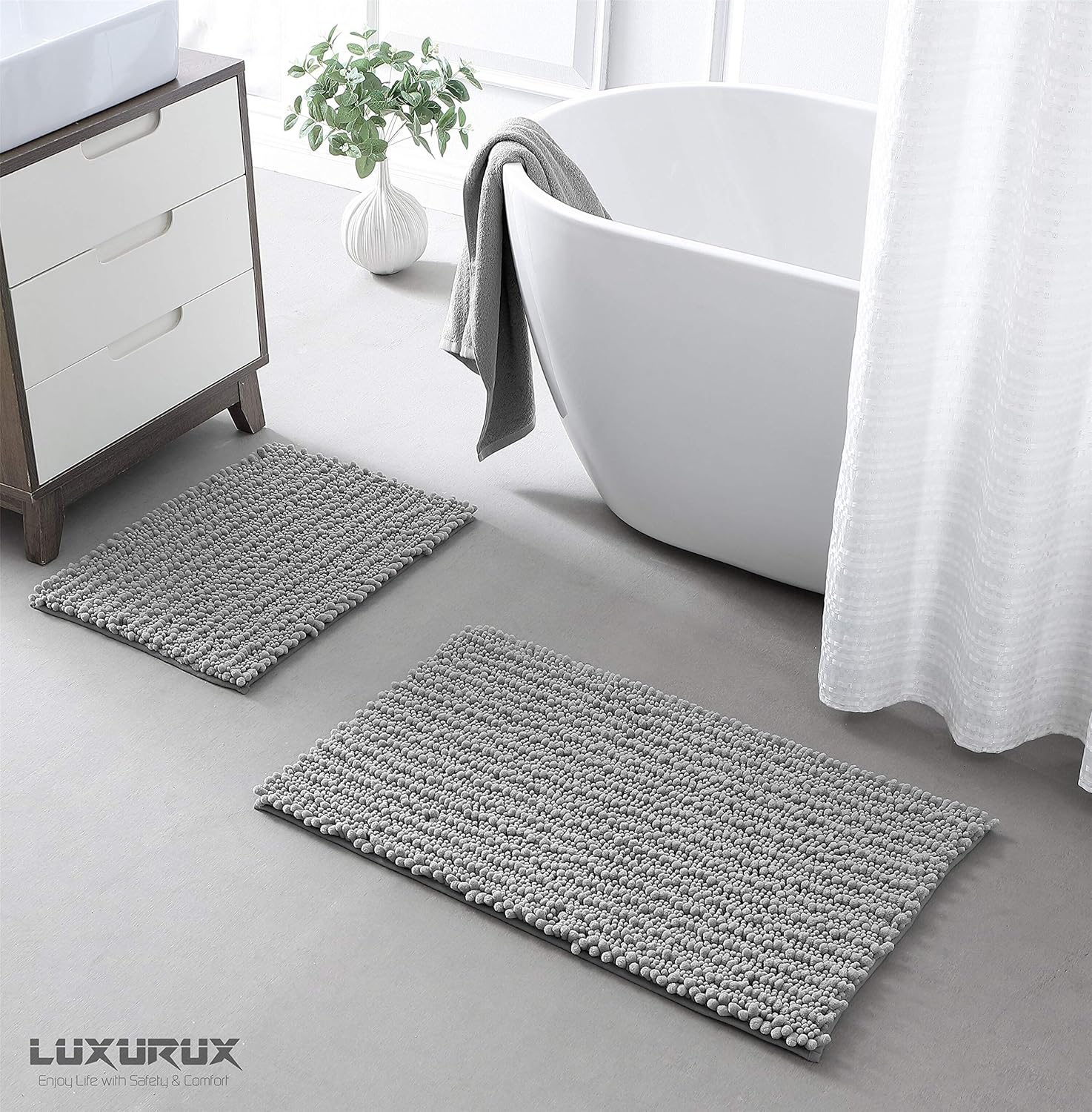 Zebrux Non Slip Thick Shaggy Chenille Bathroom Rugs, Bath Mats for Bathroom Extra Soft and Absorbent - Striped Bath Rugs Set for Indoor/Kitchen (20 x 30 + 15 x 23'', Light Grey): Kitchen & Dining