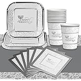Hanukkah Plates And Napkins Set - Hanukkah Party Set - 7" And 9" Plates, Cups, Napkins and Tablecloth - Serves 8 Silver Foil Chanukah Themed Party Supplies