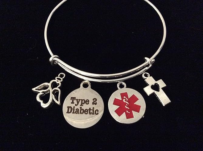 Medical Alert Type 2 Diabetic Silver Expandable Charm Bracelet Diabetes Adjustable