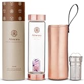 Almeara Crystal Water Bottle | Amethyst, Rose Quartz &amp; Clear Quartz Crystals | Authentic Gemstones &ndash; Loose Leaf Tea infuser &ndash; Gem Elixir Infused Tempered Glass Water Bottle - Gift ready box - 16.9 oz