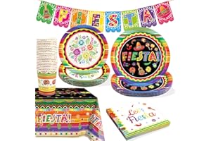 FANCY LAND 82PCS Fiesta Tableware Set Cinco De Mayo Party Supplies Colorful Stripes Mexican Party Decoration Plates Cups Napkins Tablecloth Banner Party Decorations