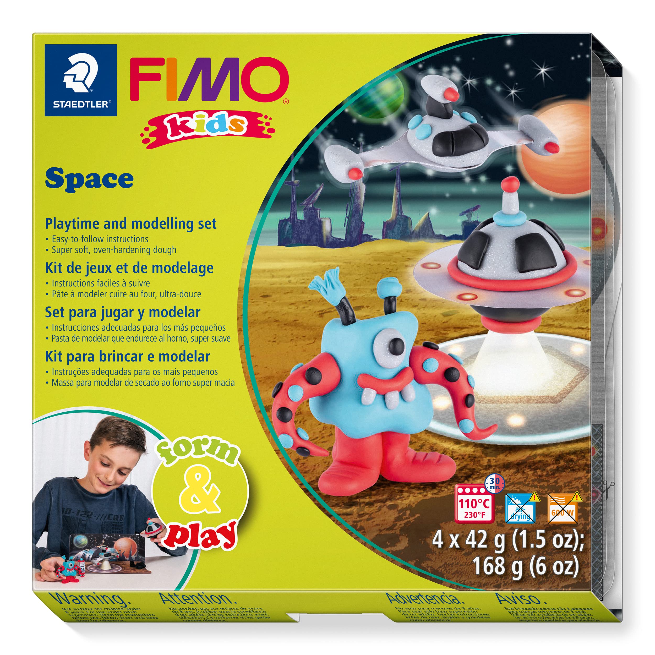 STAEDTLER 8034 17 LZ FIMO Kids Form&Play Playtime & Modelling Polymer Clay Set - "Space Monsters" (Pack of 4 Blocks, Stickers, Modelling Tools & Background Scene) โ image 1