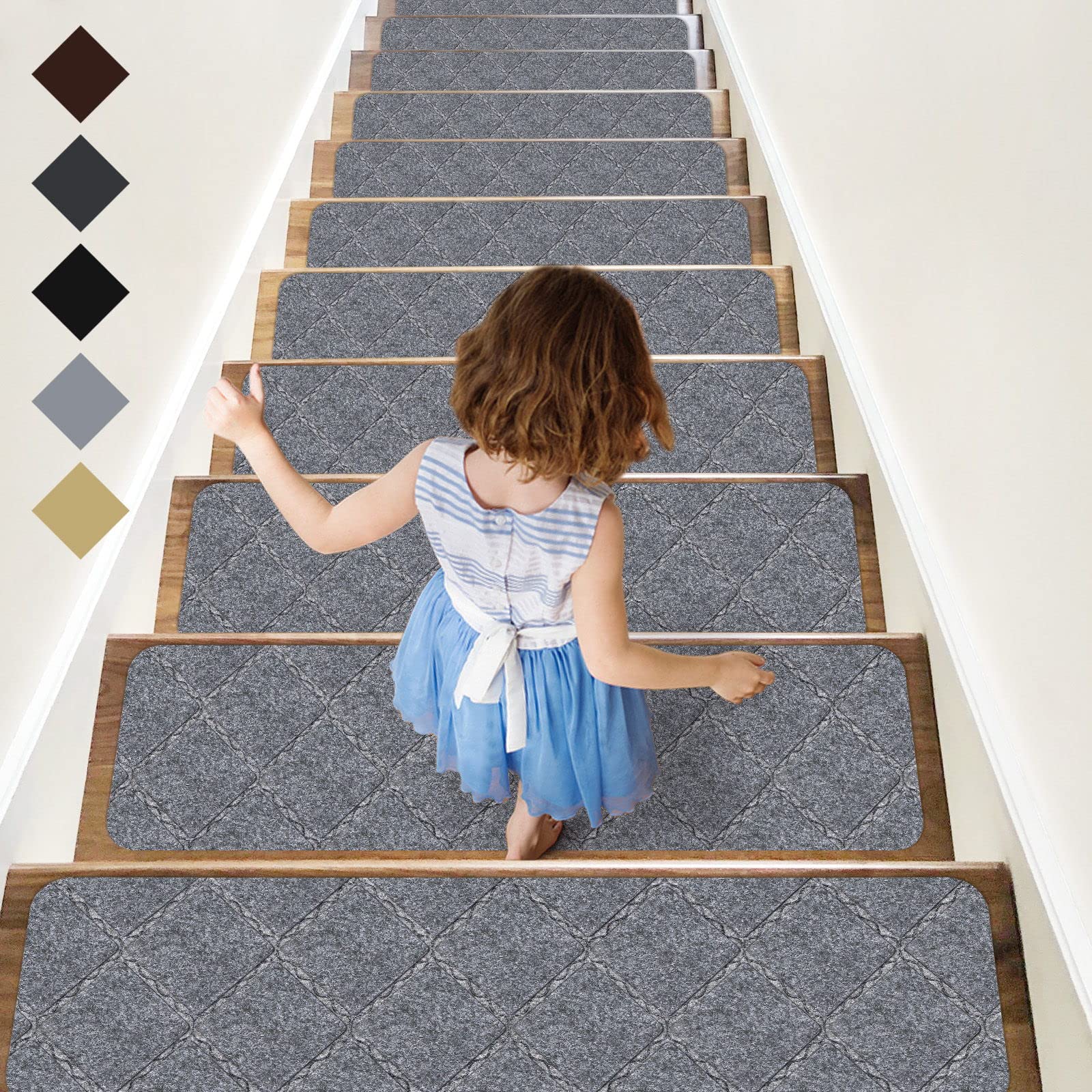 Photo 1 of RIOLAND Stair Treads Carpet Non-Slip Indoor 15 PCS Wood Stair Treads Rugs Anti Moving Modern Stair Runners Safety for Kids Dogs, 8" X 30", Diamond Light Gray