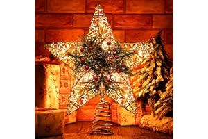 BrizLabs Christmas Tree Topper, 11“ Rattan Star Treetop with 10 Warm Lights, 120V UL Certified Christmas Tree-top Star, Vine Christmas Tree Star Topper for Christmas Indoor Party Home Decor