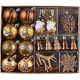 Valery Madelyn Christmas Ornaments Set, 40ct Brown Copper and Gold Shatterproof Christmas Tree Decorations, Woodland Bronze Gnome Deer Hanging Ball Ornaments Bulk