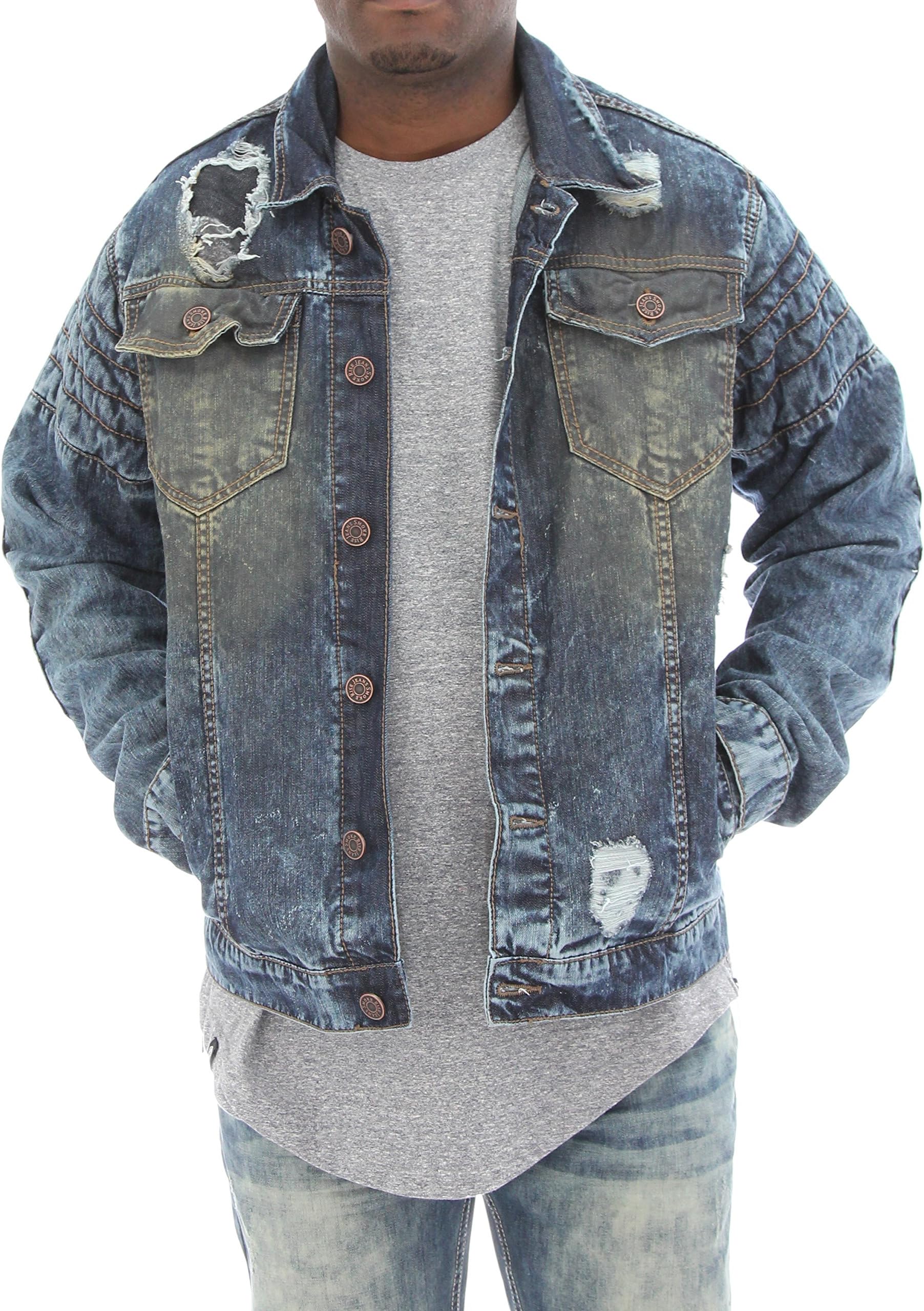 Smoke Rise Men's Rip and Repair Moto Denim Jean Jacket