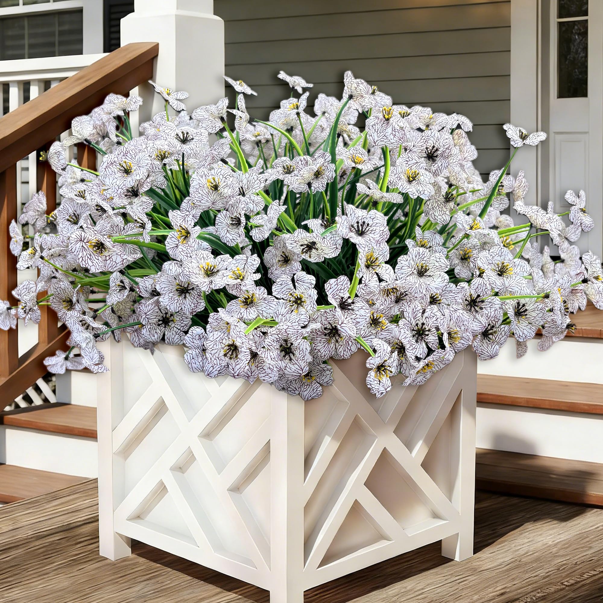 Satefello 20 Bundles Artificial Flowers for Outdoors, UV Resistant Fake Flowers with Plastic Plants, Faux Silk Flowers for Planter Outdoors, Window Box Front Porch Patio Decor-White